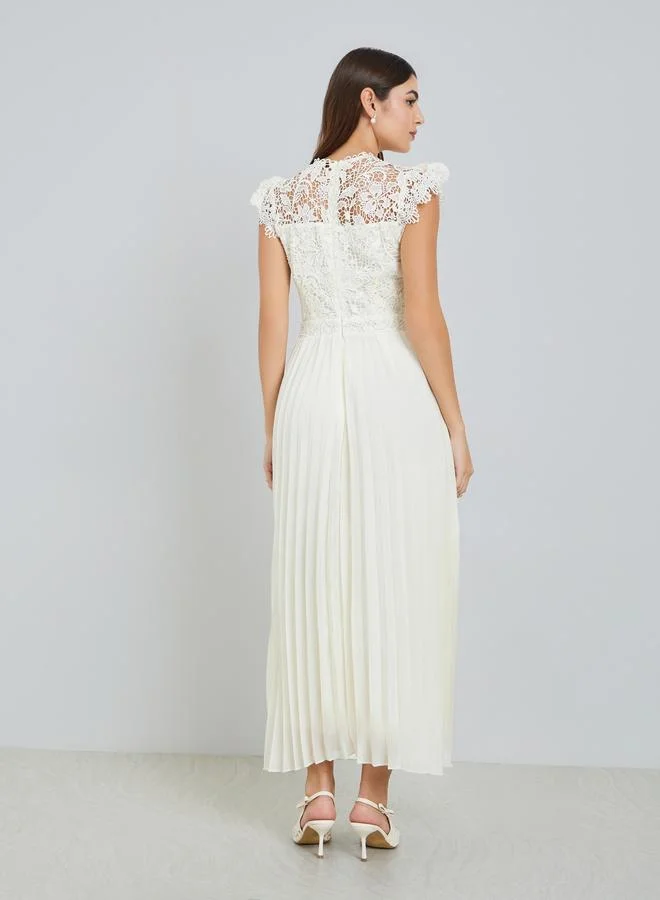 Styli  Women Cream Lace Sleeveless Pleated Midi Dress for Women | Best Price UAE